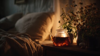 Gentle light casting on herbal tea by bedside, creating a calming nighttime scene, tea relaxation sleep. High quality
