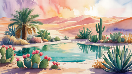 Desert oasis, vibrant plants, tranquil pool.
