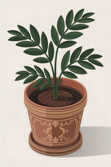 A potted plant with dark green leaves in a terracotta pot.
