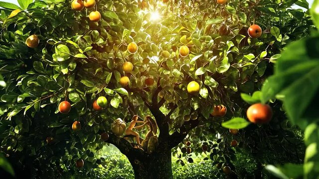 Lush fruit tree with figures