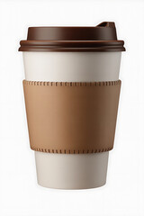 A disposable coffee cup with brown lid and sleeve.
