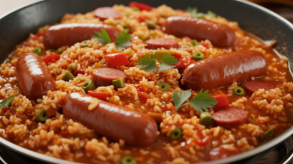 Sausage and rice dish, vibrant colors, flavorful.
