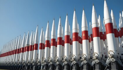 Many white missiles w red bands aligned against clear blue sky