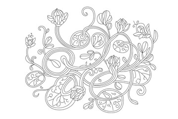 Intricate floral design, swirling vines and blossoms.
