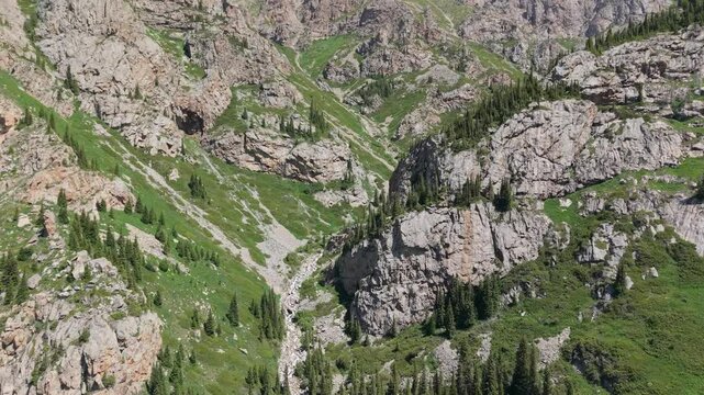 Breathtaking scenery unfolds in ala archa national park, kyrgyzstan, showcasing towering peaks, lush green valleys, and a pristine river flowing through rugged terrain