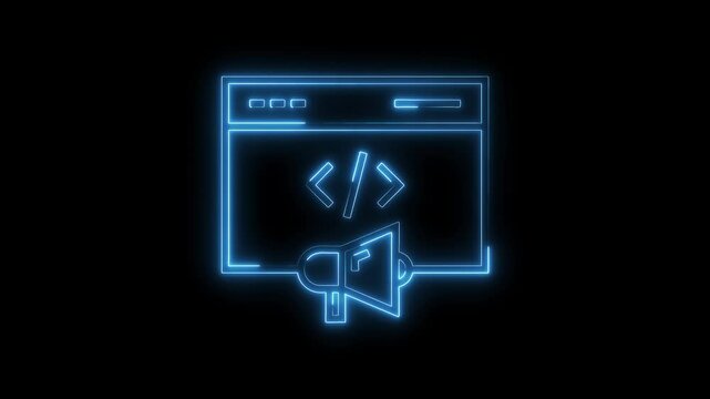Neon style programming code in browser with megaphone for announcements animated concept