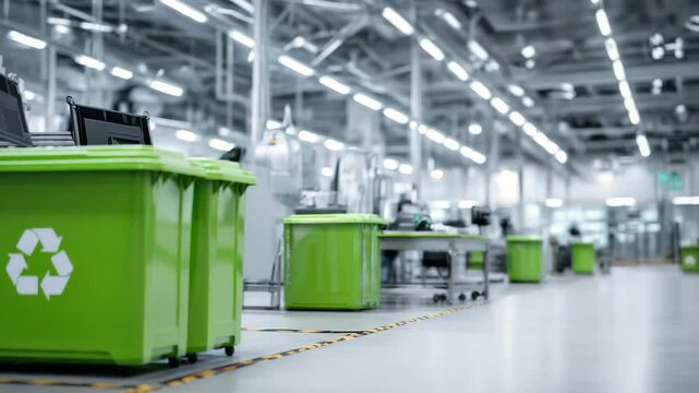 recycling containers and industrial bins for paper, plastic, and metal waste in a warehouse, park,  factory