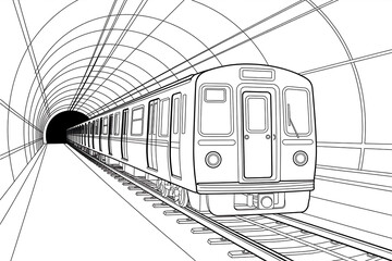 Subway train in a dark tunnel, urban transportation.
