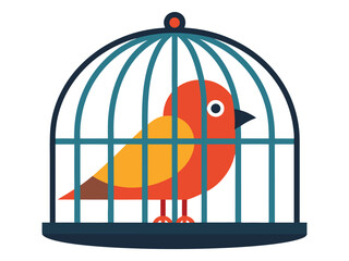 Stylized red and yellow bird inside a blue and dark blue cage on a white background
