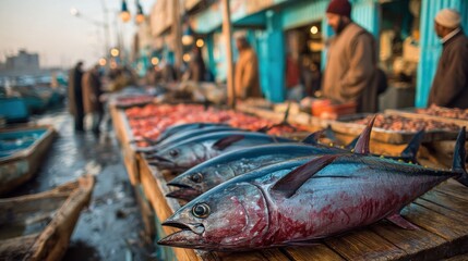 Freshly caught tuna displayed at bustling seaside fish market atmosphere