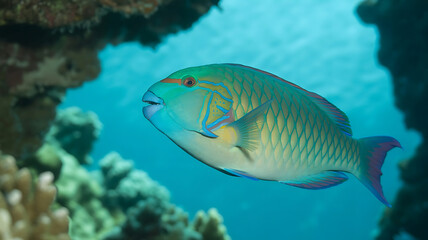 Fototapeta premium Colorful fish swims near coral reef. 