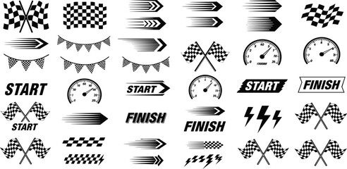 racing stripe vector set, racing flags, checkered patterns, speed lines, arrows, and start finish banners illustration, race element for motorsport designs