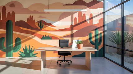 Desert landscape mural in an office space. Warm colors, cactuses, and a modern desk.
