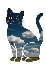 Black cat silhouette, sky and clouds inside.
