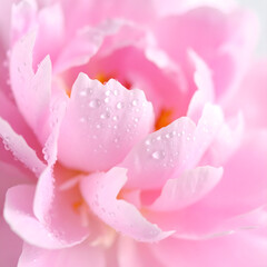 Fototapeta premium Close-up of a pink peony flower with water droplets on its delicate petals, showcasing its soft texture.