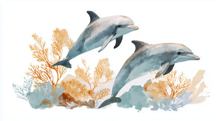 Vector illustration of a pair of dolphins in the ocean, watercolor paint.