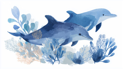 Vector illustration of a pair of dolphins in the ocean, watercolor paint.