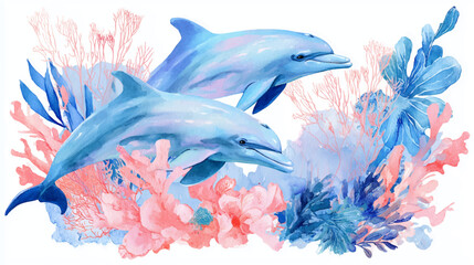 Vector illustration of a pair of dolphins in the ocean, watercolor paint.