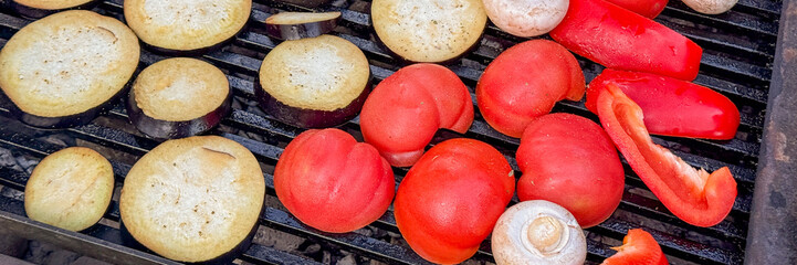 Grilled eggplant and peppers sizzle under summer's zenith, bursting with Midsummer feast energy and...