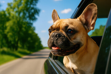 French Bulldog enjoying a road trip, head out the car window on a sunny countryside day. Concept: travel, freedom, summer, pets, adventure