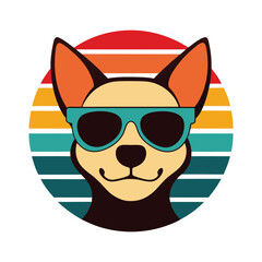 Excited Dog Head in Sunglasses on Retro Sunset