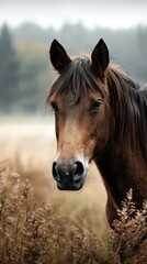 Obraz premium Majestic brown horse gazing serenely in a misty field during early morning hours