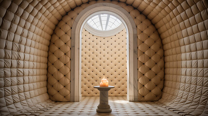Cream-colored, quilted room; candlelit alcove; serene, enclosed space.
