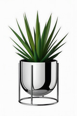 Modern planter with a sleek, silver pot and black stand.
