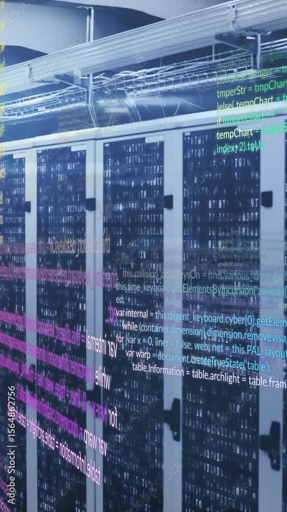 Poster digital data flows through server network in a digitally generated animation.