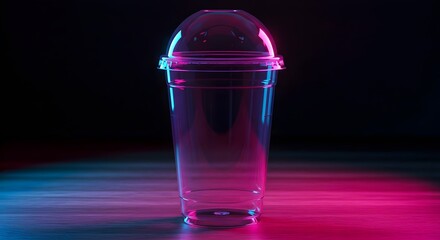 Vibrant plastic tumbler against a dark background Contemporary empty cup mock-up, showcasing its form with captivating futuristic neon illumination.