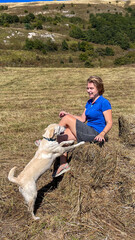 Sunlit meadow frolic, a Caucasian woman in azure laughter with joyous Labrador, Lammas celebration,...