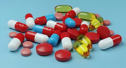 Vibrant antibiotic pills playfully scattered on a soft blue background , tablet background, Wellness assorte colorful pills and capsules scattered on a blue background, representing various medical dr