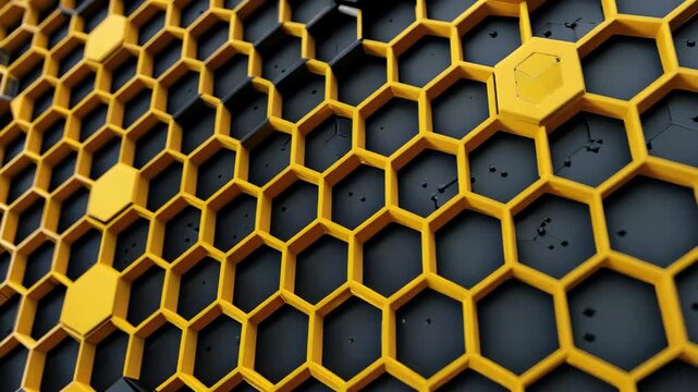 Abstract Design of Yellow Hexagons on a Dark Honeycomb Background