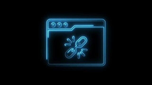 Neon unlinked website page icon on black background illustrating broken links and connectivity issues