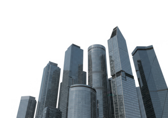 A collection of sleek modern skyscrapers are isolated on transparent background, showcasing their impressive height and design