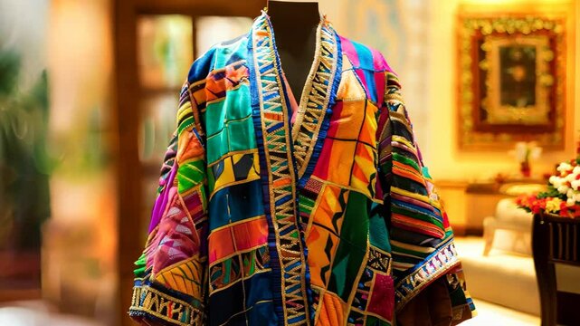 Colorful Vintage Poncho Draped in Natural Light at Cozy Interior