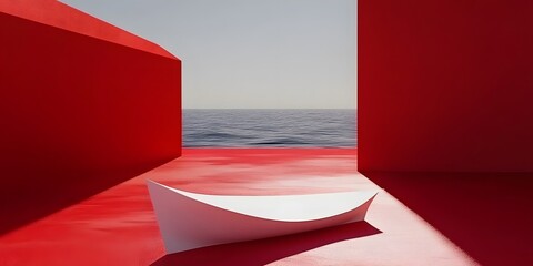 Obraz premium Minimalist Red Architecture Seascape with White Boat