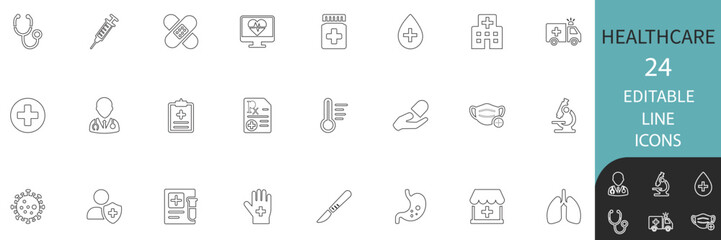 Healthcare best editable line icon set collection. Modern medical icons including hospital, doctor, virus, prescription, stethoscope. perfect for apps, websites and infographics.