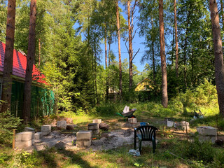 Sunlight dances on a deserted forest glade with quirky campsite remains, evoking solstice rituals...