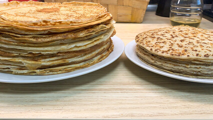 Stacks of golden crepes evoke Pancake Day revelry, embodying culinary artistry and whimsical breakfast rituals