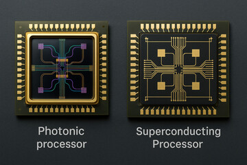 Dual-chip comparison photonic vs superconducting processors side by side on matte slate
