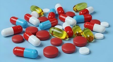 Vibrant antibiotic pills playfully scattered on a soft blue background , tablet background, wellness Numerous pharmaceutical medications, including tablets and capsules of various colors, spread on a 