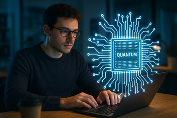 Quantum firmware engineer coding with glowing chip diagram hologram in foreground