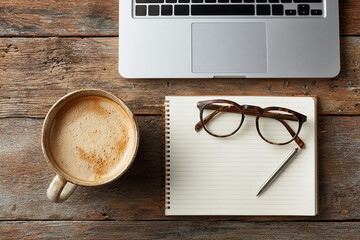 modern still life of a desk with a laptop, glasses and coffee