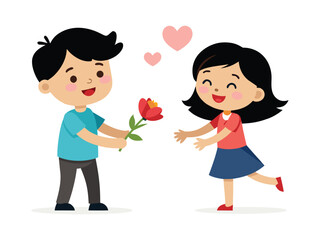 Cute cartoon boy gives a red flower to a happy girl with hearts floating
