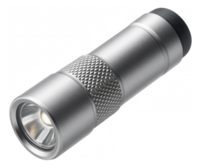 A pocket-sized flashlight with a durable aluminum casing, ideal for finding items in a dark garage.