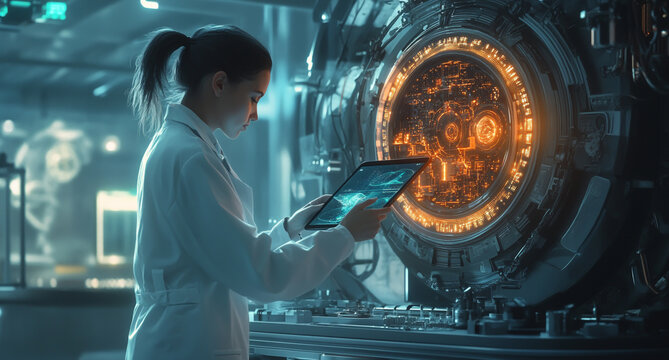 Female Scientist with Tablet by Quantum Computer