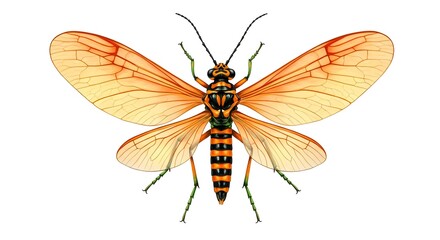 Delicate Nemoptera bipennis, wings outstretched, against pure white background, lacewing, natural Vibrant, detailed illustration of an orange-winged, striped insect with a long tail, suitable for ento