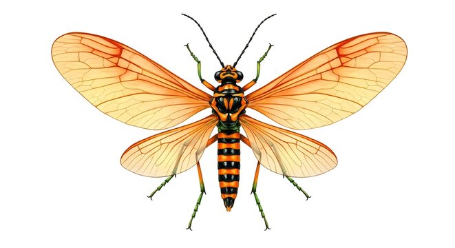 Delicate Nemoptera bipennis, wings outstretched, against pure white background, lacewing, natural Vibrant, detailed illustration of an orange-winged, striped insect with a long tail, suitable for ento