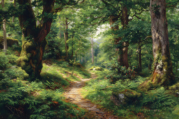 Obraz premium Beneath the Canopy: Exploring the Tranquil Beauty of an Ancient Upland Forest Teeming with Lush Vegetation and Sunlit Trails